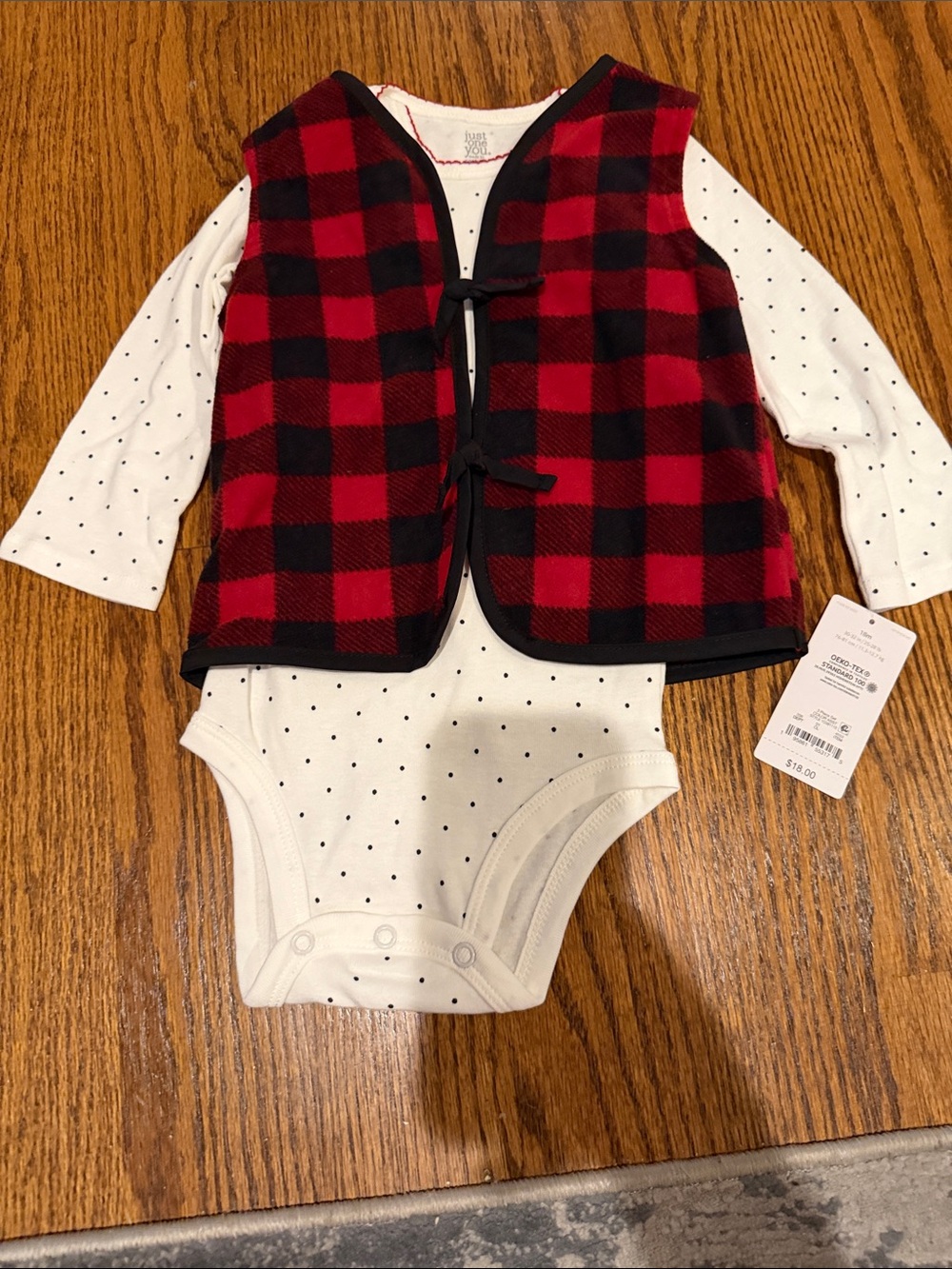 Long-sleeve Polka Dot Onesie with Checked Flannel Vest